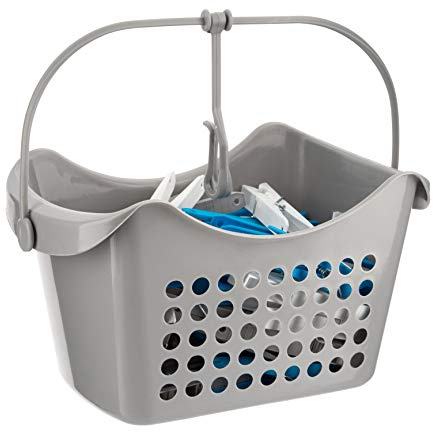 50 Large Clothes Pegs in Hanging Storage Basket for Washing Line Laundry Airer Strong Basket Garments Indoor/Outdoor Assorted Colours Pegs with Basket (Grey)