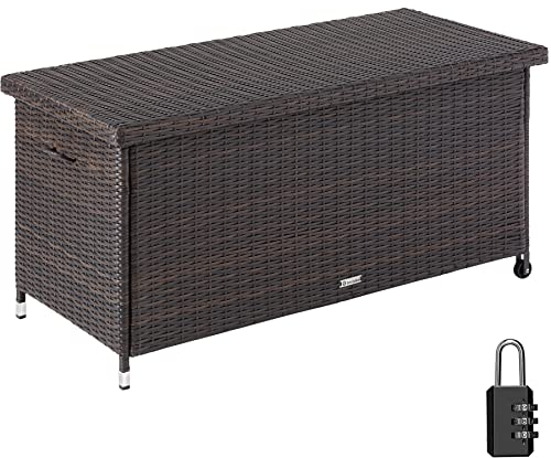 TecTake® Box Contenitore da Esterno, Mobile da Giardino con Intreccio in Polyrattan, Pratiche Maniglie, Rotelle, Tasca Estraibile, Chiusura a Combinazione, 120x55x61,5cm, 270 L - Marrone