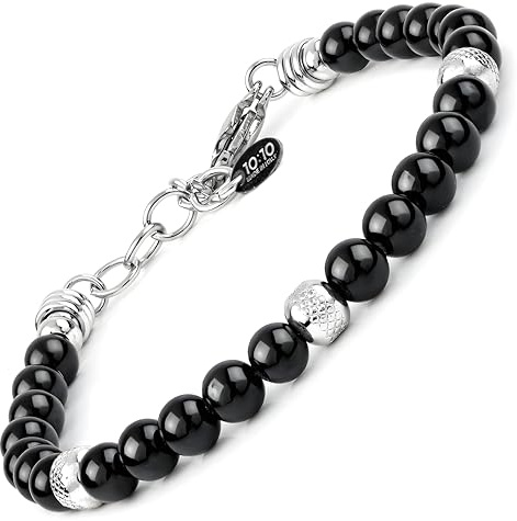 10:10 Naturstensarmband av turmalin 6 mm diameter och allergivänliga diamantbollar i rostfritt stål, herrarmband, mycket hållbart damarmband tillverkat i Italien., 21.0 centimeters, Legerat stål,