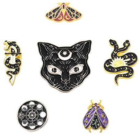 SUNNYCLUE 1 Box 6 Stück 6 Stil Schlange Emaille Broschen Katze Schmetterling Pins Bulk Draußen Emaille Mond Sterne Flache Runde Legierung Broschen Für Rucksäcke Abzeichen Hüte Taschen Hemd Frauen Deko