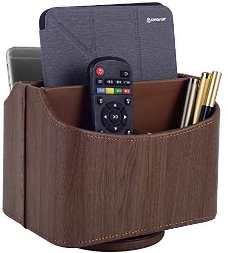 RHCSZ Porta telecomando TV girevole a 360 gradi, in pelle, organizer da scrivania per ufficio e casa, scatola portaoggetti decorativa (venature del legno scuro)