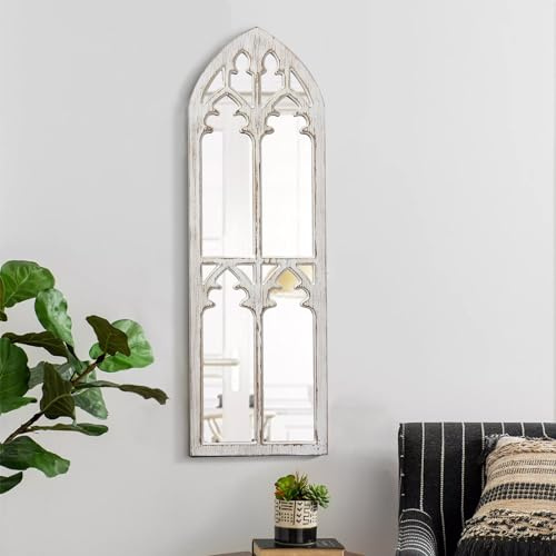 Sintosin Espejo de ventana arqueado con marco de madera de granja de 12 x 38 pulgadas, para colgar en la pared, espejos largos decorativos para decoración de pared, sala de estar, entrada