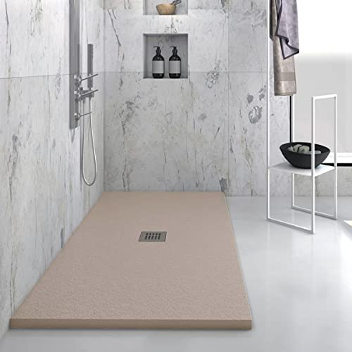Yellowshop - Piatto doccia rettangolare in marmoresina base 70 cm h 2,5 cm HEAVY Tortora con sifone, piletta e copripiletta inox (70x120 cm)