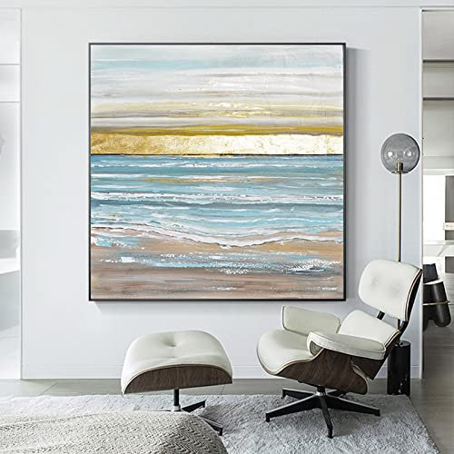 LCDIUDIU Handgemalte Acrylbilder, Blaue Meereswellen Strand Goldfolie Landschaft Abstrakt Modern Original Rahmenlose Handgemalte Ölgemälde Auf Leinwand Für Familienwand Wohnzimmer Esszimmer Home Art