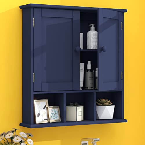 TaoHFE Badezimmerschrank für Badezimmer, Toilettenschrank, Blau | Wand-Medizinschrank-Organizer mit 2 verstellbaren Regalen, Holz, modernes Badezimmer-Regal, Wandmontage, Waschküche