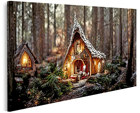 islandburner Bild auf Leinwand Das Haus des Weihnachtsmann im Zauberwald schön geschmückte Weihnachten deko 2 Bilder Wandbilder Poster AWJV-1P