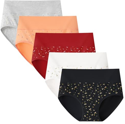 Anntry Braguitas de Cintura Alta para Mujer, Calzoncillos de algodón para Mujer, Ropa Interior de Cobertura Completa, Bragas Transpirables Suaves, Paquete de 5 (Color-2, XXL)
