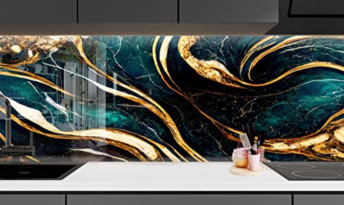 Myphotostation Tempered Glass Splashback 12x12''Green Gold Marble Abstract Backsplash Cooker Wall Backsplash Panel Glass Splashback for Bathroom Panel Green Splashback Stove