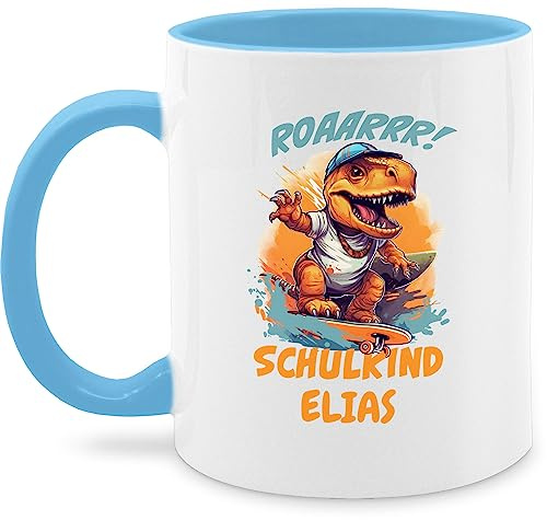 Tasse Tassen 325ml - Einschulung Schulanfang - Schulkind Dino Dinosaurier Skateboard - 325 ml - Hellblau - junge personalisierte einschulungsgeschenke schulanfänger endlich trinktasse 2024