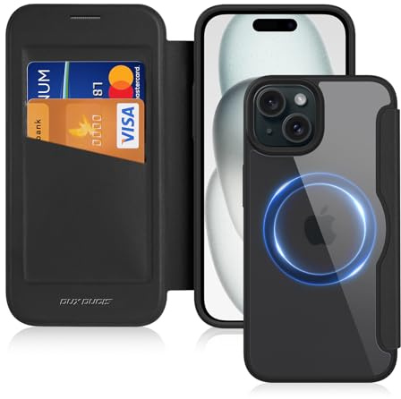 DUX DUCIS Hülle für iPhone 15 6,1 Handyhülle Kompatibel mit MagSafe, Transparente Anti-Kratzer Leder Flip Klapphülle mit RFID-Sperre Schutzhülle Case für iPhone 15 (6,1 Zoll, Schwarz)