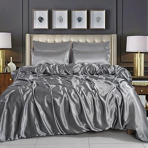 WEAVERS: Luxurious 6-Piece Silky Satin Bedding Set, Smooth & Glossy Finish, Includes Reversible Zipped Duvet Cover, 1 Fitted Sheet, and 4 Pillowcases. (Colour Silver Size King)