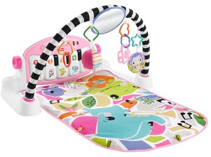 Fisher-Price Baby aktivitetsmatta glöder och växer Kick & Play piano gym, bärbar musikleksak med smarta sceninlärning, åldrar 0+ månader, rosa, Queens engelsk version, HWY61
