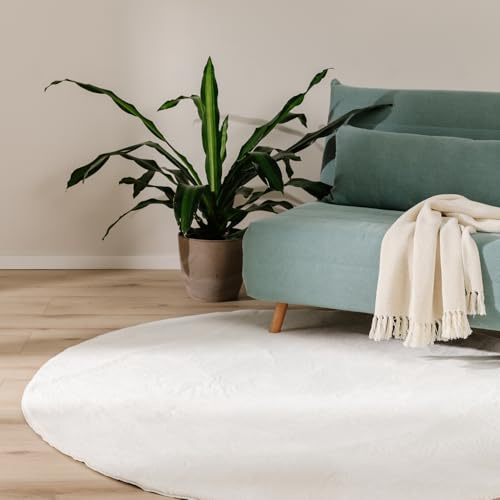 benuta Basic Kunstfaser Fellteppich Furry - Creme rund 120 cm - Weicher Wohnzimmerteppich - Anti-Rutsch-Rückseite - Waschbar - Für Fußbodenheizung geeignet