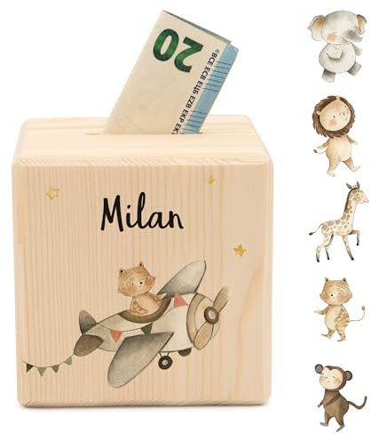 Geschenkfreude Spardose personalisiert mit Namen aus Holz - 10x10cm Holzspardose mit Schloss - UV-Druck Spardosen mit Namen - Taufgeschenke für Junge/Mädchen - Geschenk zur Geburt - Einschulung