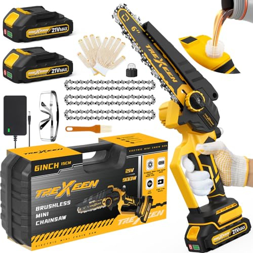 Mini motosega, motosega elettrica da 15,2 cm, senza fili, 2024, 900 W, portatile, piccola sega a catena con motore brushless, regolatore automatico della catena e sistema di oliatura automatico per