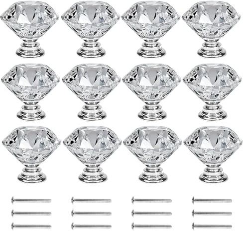 Fayvosiue 30mm Crystal Clear Glass Diamond Cut Cabinet Drawer Knobs with Screws for Home Kitchen Office Chest Cabinet Drawer