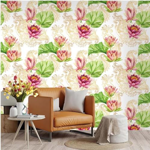 Selbstklebende Tapete Lila Lotus Grün Strukturtapete Wandtattoo Schlafzimmer Tapete Selbstklebend Vliestapete Wallpaper for Living Room Tapeten Leicht zu Entfernen Wandschutzfolie 45x300cm