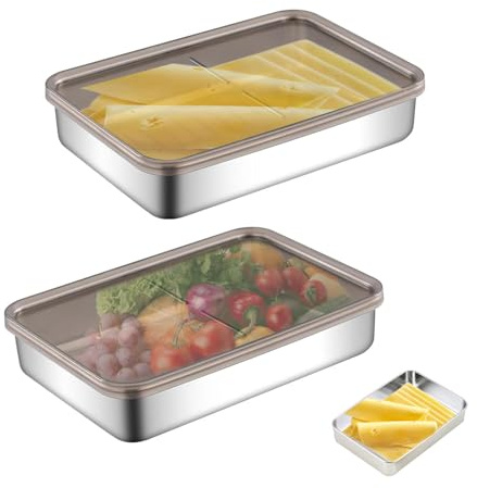 2 Pièces Boîte à Jambon pour Refrigerateur, 19,7x14x4cm Boîtes a Charcuterie en Acier Inoxydable avec Couvercle, Empilable Boite a Fromage pour Frigo, Boite Conservation Jambon pour Viande, Bacon