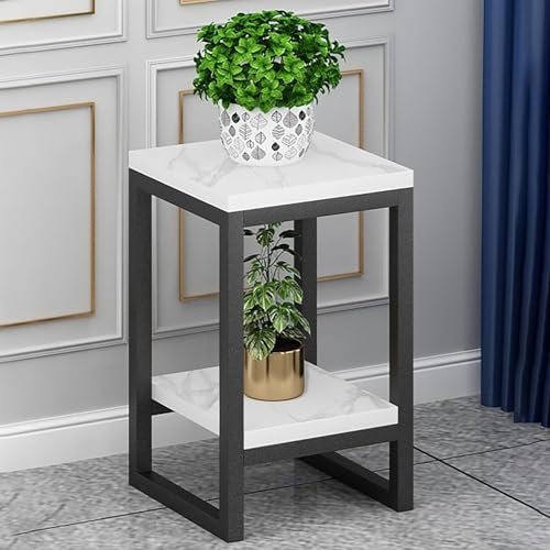 2-stufiger Metall-Pflanzenständer, Blumentopf-Eckregal, Garten-Balkon-Außenhalter für Schlafzimmer, Wohnzimmer, Innen-Display, Innen- und Außen-Metalltopf-Marmortrennwand, Schwarz Weiß, 50 x