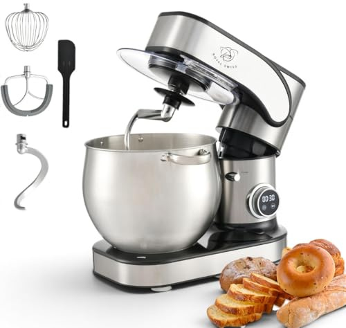 Royal Swiss Robot Pâtissier Professionnel 12 L 2000 W, Mélange Planétaire, Écran LED Tactile, 12 Vitesses, Bol Inox, Couvercle Anti-Éclaboussures, Crochet, Fouet, Batteur Mixeur Multifonction