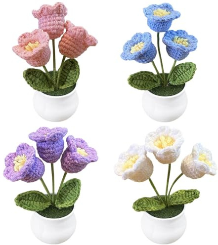 Magicherry 4 mini fiori in vaso all'uncinetto fatti a mano a maglia con 3 teste di mughetto artificiale intrecciato orchidea della campana fiori per auto, cruscotto, casa, ufficio, decorazione da