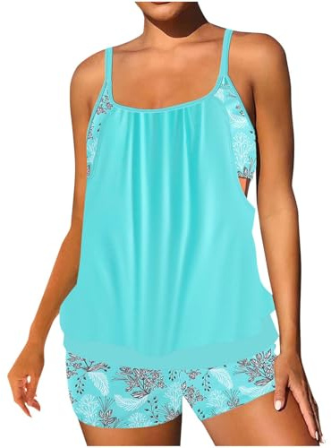 Tankini Sets for Women UK Two Piece Swimsuit Bikini Tankini Top with Bra Support Shorts Ladies Tankini Swimwear Sets Plus Size Bathing Suit Tummy Control Swimming Costume with Shorts Beach Wear