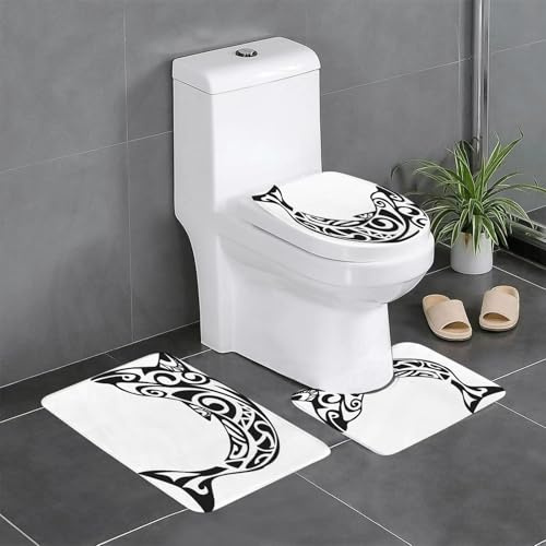 KGDHY Badezimmermatten-Sets 3-Teilig,Fisch Delphin Tattoo im Maori Stil Polynesisches Stammestier Schönes Schwarzes,Bad und WC-Vorleger-Set,rutschfeste Badezimmerteppiche wasserabsorbierende