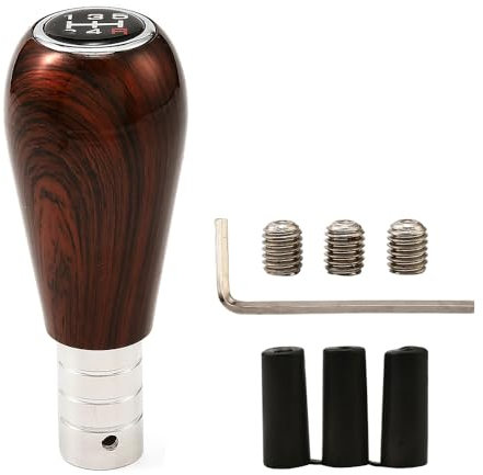 Blueshyhall Pommeau de levier de vitesse universel aspect bois 5 vitesses pour voiture - En aluminium et ABS - Avec adaptateur en caoutchouc M8/10/12 - Marron - Accessoire intérieur (A)