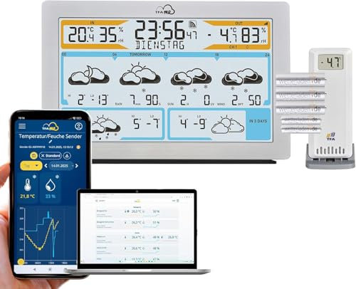 TFA Dostmann WLAN Wetterstation TFA.me ID-02, 35.8100, Profi-Wettervorhersage durch wetter.com 3 bis 6 Tage, Online-Portal, inkl Außensensor Funk, Max-Min-Werte, Warnfunktion, silber mit Batterien