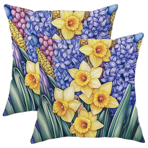 Lot de 2 housses de coussin décoratives à motif de fleurs printanières, jonquille jaune et jacinthe bleue, motif floral et rustique pour canapé, sofa, décoration d'intérieur, 50,8 x 50,8 cm
