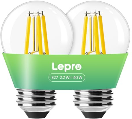 Lepro E27 Golf Ball Bulb, A-Rated Ultra-efficient LED Bulb, 2.2W = 40W, 470lm, Warm White 2700K, 50000H Lifespan, Edison Screw ES, Clear Filament, Non-dimmable, Pack of 2