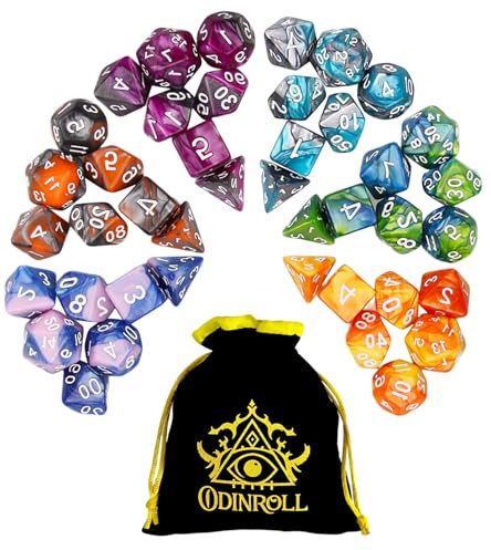 ODINROLL Juego de Dados Poliédricos, 42 Piezas - 6 Sets de Dados de rol con 1 Bolsa para Dungeons and Dragons D&D RPG MTG Juegos de Mesa, Incluye D20, D12, D8, D6, D4, D10 (0-9) y D10 (00-90)