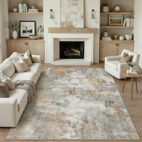 PureCozy Modern Abstract Area Rug Living Room Extra Large 200x300cm Non-Slip Orange-grey Carpet Lightweight Short Pile Washable Floor Mat for Bedroom Dining Room Nursery Lounge Home Office Decor