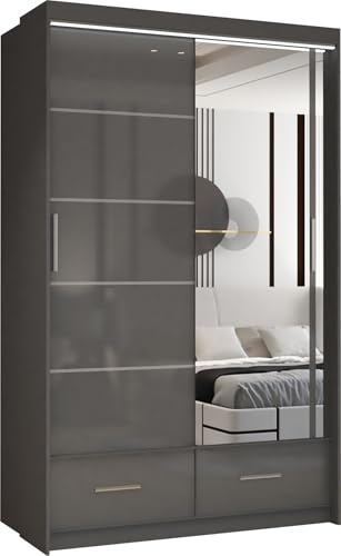 MN Furniture Sycylia High Gloss Sliding Door Wardrobe with Mirror, LED Light & Bottom Drawers | Available in 150cm, 208cm, 255cm (Grey, 150cm)