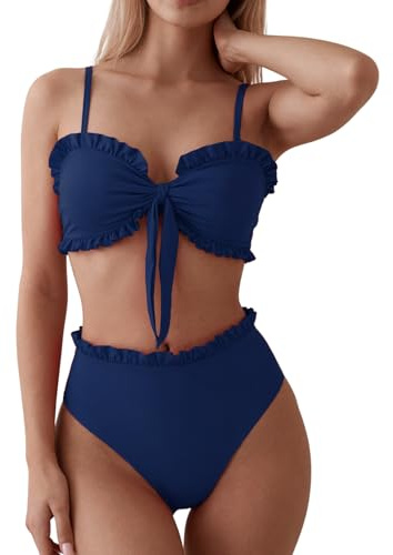 OUSIMEN Bikini för kvinnor, volangband, hög midja, justerbar | Dambikiniset: V-ringad. Hög midja med rosdetalj. Badmode, tvådelad baddräkt, baddräkt