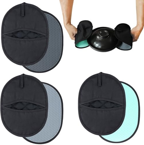 3PCS Topflappen Silikon & Baumwolle Hitzebeständig 240℃, rutschfeste Topflappen-Handschuhe, Topfuntersetzer & Ofenhandschuhe Kombi Silikonstreifen Kochhandschuhe zum Kochen, Backen