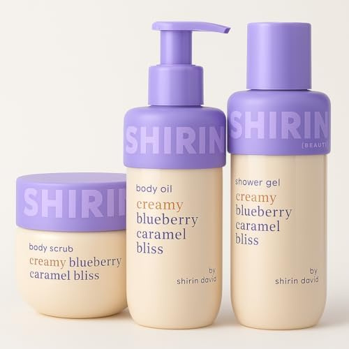 Shirin David BEAUTY Bundle Körperpflege Set Creamy Blueberry Caramel | Body Scrub, Body Oil, Shower Gel, Limited Edition, Vegan & Hautverwöhnend, Purlife Sticker