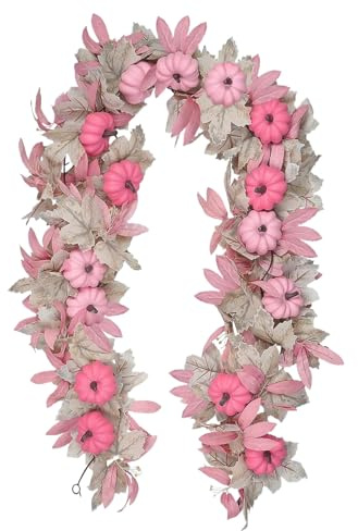 Rosa Kürbiskranz, Türkranz Rattan 174cm, Hängen Künstliche Ahorn Blätter Rosa Kürbisse Girlande, Halloween Thanksgiving Dekorationen