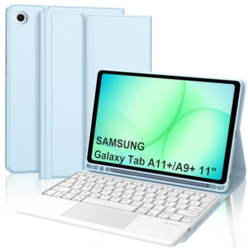 Coque Clavier pour Samsung Galaxy Tab A11+/A9+ 11 Pouces, AZERTY Français Housse Clavier Bluetooth Détachable avec Pavé Tactile pour Tablette Samsung Galaxy Tab A11/A9 Plus 11 2025/2023, Bleu Ciel