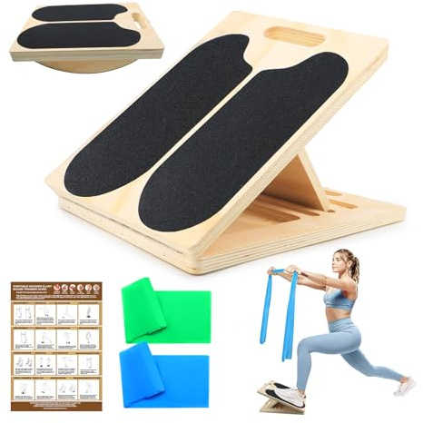 GlamRove 2-in-1 Balance Board & Schrägbrett – Holz Wadendehner Stretch Board für Calf Stretching, Mobilitätstraining und Physiotherapie mit Traktionshilfe und elastischen Bändern