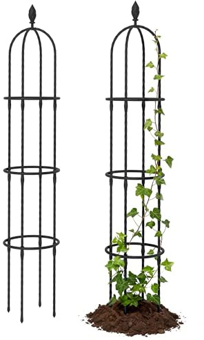 Outsunny Set di 2 Supporti per Piante Rampicanti Alti 1.74 m, Traliccio per Rampicanti da Giardino Alti in Acciaio Rivestito in PE con Decorazioni, per Rose, Pomodori, Fiori, Piselli e Verdure, Nero