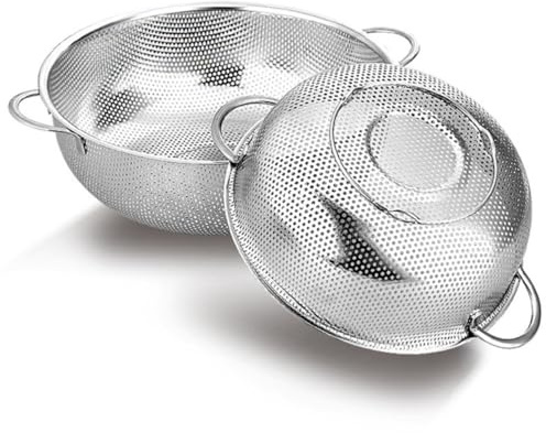 FUOYLOO Cesta de Drenaje de Acero Inoxidable 22,5 Cm Colador Microperforado Asas Dobles para Frutas y Verduras Cesta Multiusos de Cocina Práctica para Lavado y Escurrido