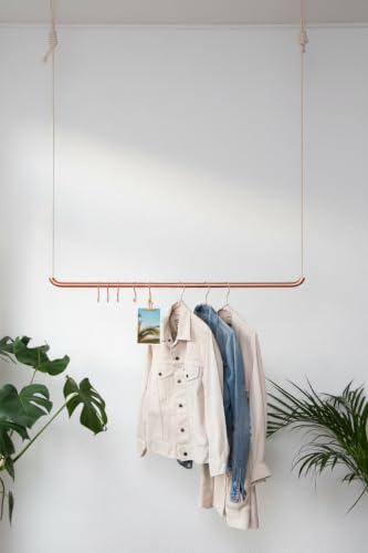 rod & knot Kleiderstange zur Deckenmontage 110 cm Kupfer – hängende Garderobenstange mit Seil für Flur, Schlafzimmer & Bad