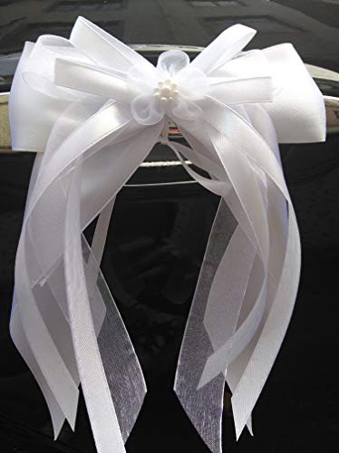 Miya@ 10 hochwertige Handgemacht Weiss Antenneschleifen mit doppelschleifen aus Satin, Auto Schleifen, Hochzeit Deko, Autoschmuck (5 cm Weiss) (Weiss)
