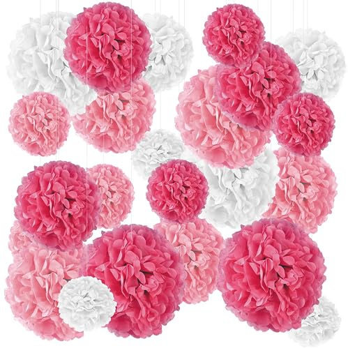 24er Set Seidenpapier Pompoms, inkl. Satinbänder (je 1.20m), inkl. Geschenkverpackung (Weiß Rosa Pink)