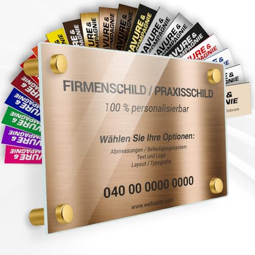 Individuelle Troglass Praxisschild/Firmenschild – Gravierte Tafel für Arzt, Pflegekraft, Anwalt oder Unternehmen – Personalisierbar in Größe, Farbe, Text und Logo (Antikgold Hintergrund)