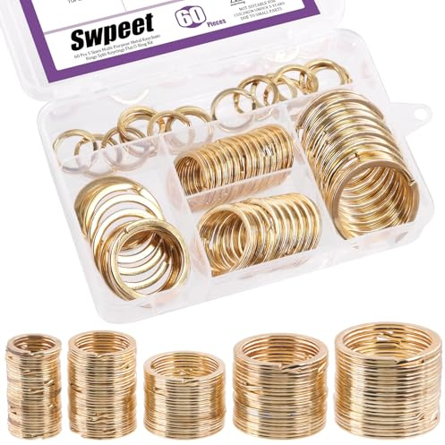 Swpeet - 60 llaveros de metal multiusos dorados, anillos planos, anillas divididas, llaveros de O planos para llaves del hogar, coche, colgantes de llaves - 20 mm, 25 mm, 30 mm, 35 mm, 38 mm