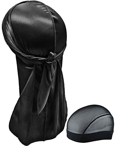 Hairizone Silky Durag Headwrap Doo Herren Lappen Wellen (Schwarz + 1 Kapuze), Schwarz, Large