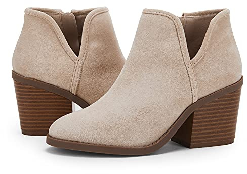 PiePieBuy Womens Ankle Boots Chunky Stacked Heel Slip on Shoes Faux Suede Side Zipper Casual Western Booties