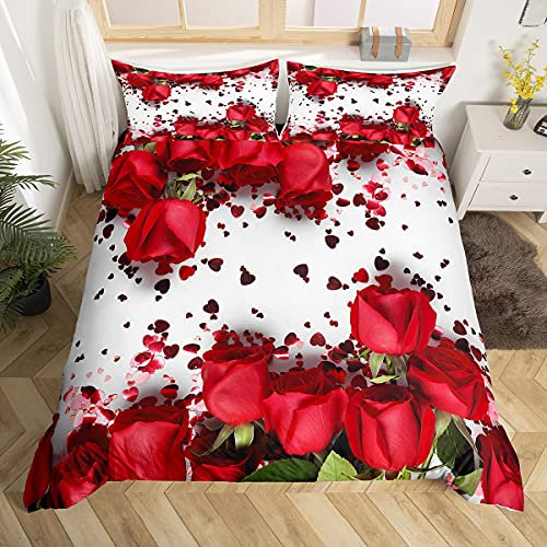 Rose Comforter Cover Red Rose Petals Bedding Set Floral Bouquet Botanical Design Duvet Cover Romantic Flowers Microfiber Bedding & Linen Valentine's Day Couple Lover Bedclothes Double Size